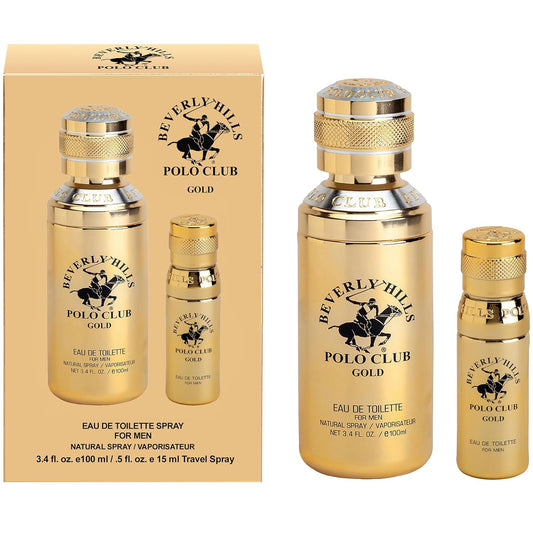 Beverly Hills Polo Club Gold Men's Eau De Toilette Cologne Bonus Pack - Captivating, Long-Lasting Fragrance for Him - 3.4oz Full Size + 0.5oz Travel Spray Set