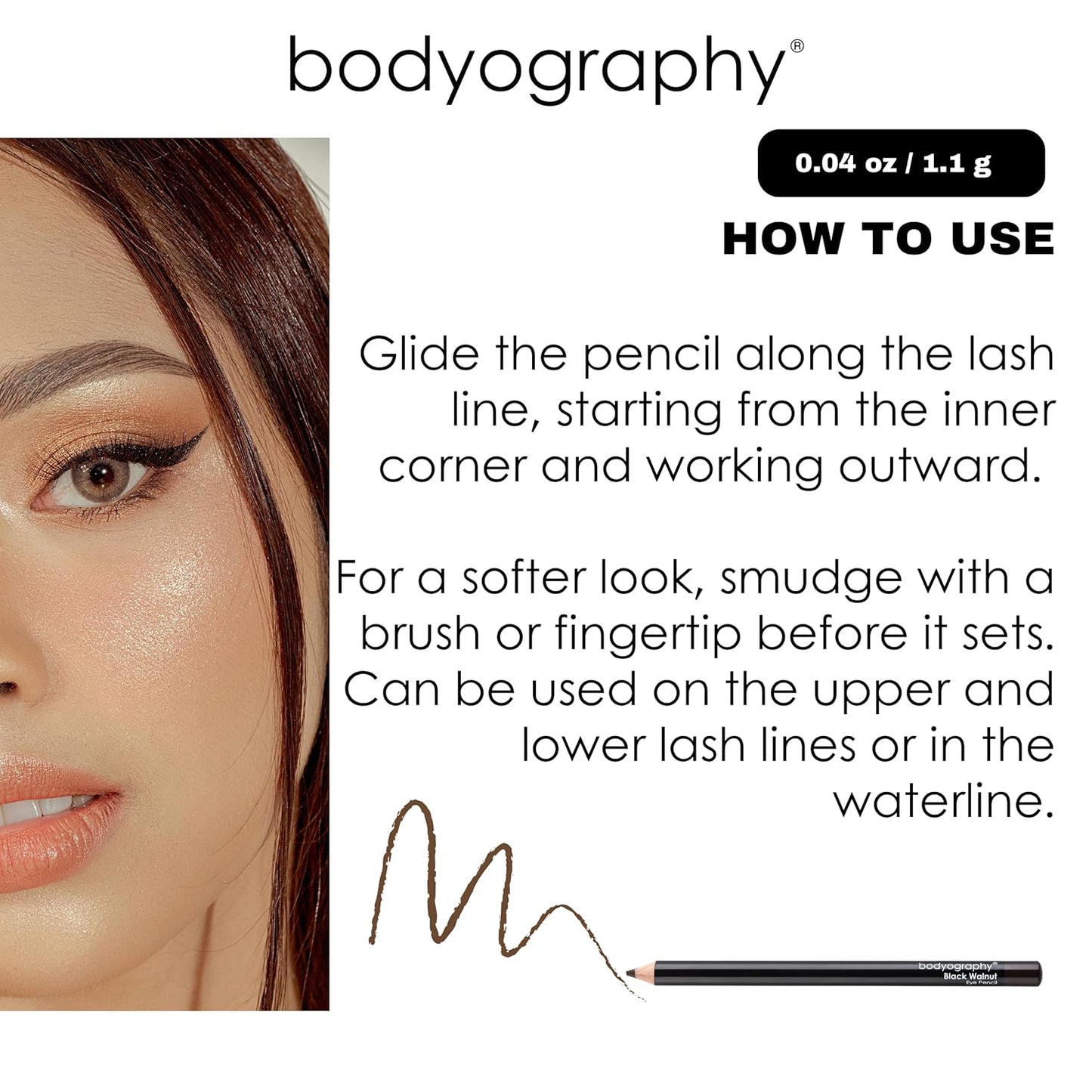 Bodyography Cream Eye Pencil, Black Walnut - Dark Brown Wooden Eyeliner for Eyes & Eyebrows, Long-Lasting Cruelty-Free Coconut Oil Cosmetic Liner
