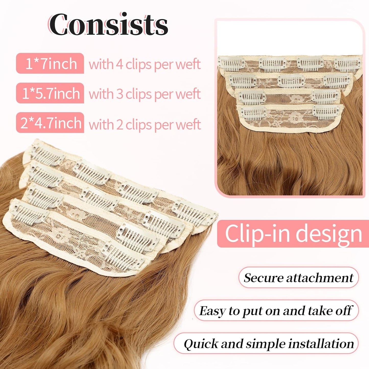 KooKaStyle Clip in Synthetic Hair Extensions Long Wavy 4PCS Thick Hairpieces Auburn Brown Fiber Double Weft Natural Hair Extensions 20 Inch for Women