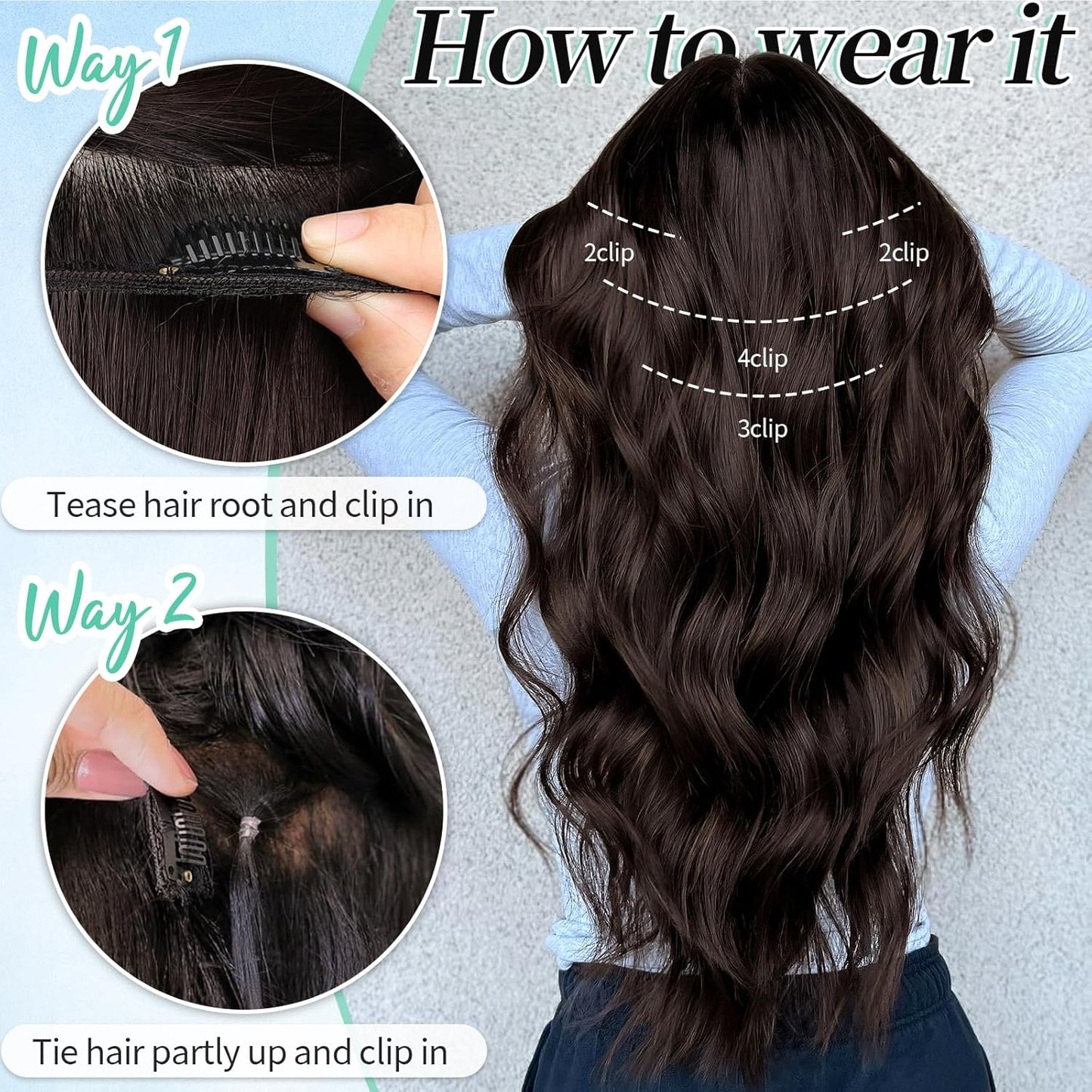 KooKaStyle Clip in Synthetic Hair Extensions Long Wavy 4PCS Thick Hairpieces Chocolate Brown 33Y# Fiber Double Weft Natural Hair Extensions 20 Inch for Women