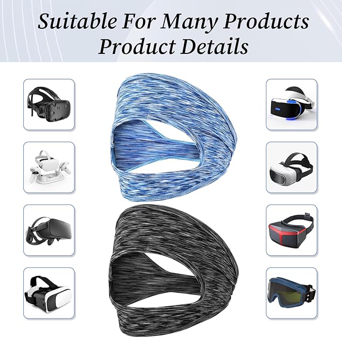 2Pcs VR Face Mask, Adjustable VR Sweat Band Breathable Eye Face Cover for Most VR Devices (Black/Blue)