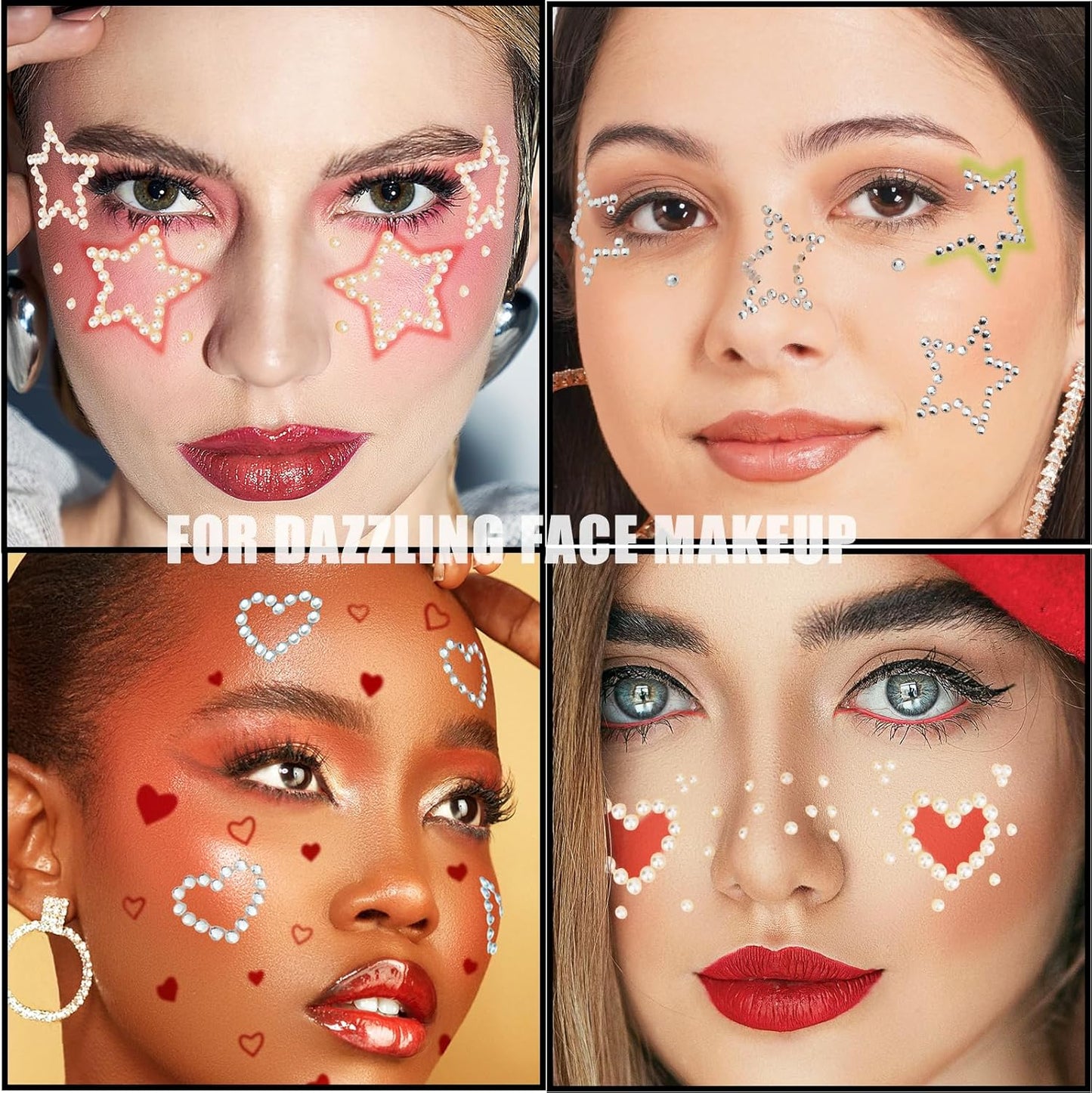 Hair Face Gems Pearls Self Adhesive Heart Star Pearl Rhinestone Stickers, Stick on Rhinestones Gem for Hair, Face Makeup, Body, Crafts, Festival Makeup