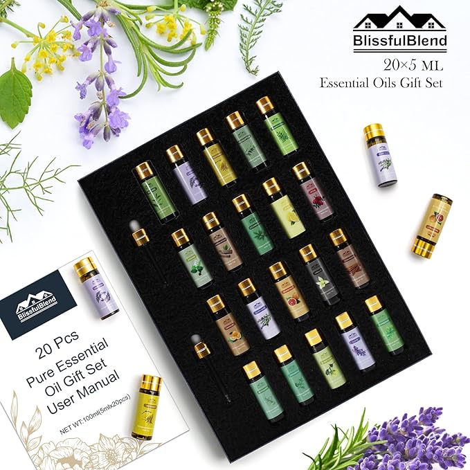 20 Pack Pure Essential Oil Set, Aromatherapy Oil for Diffuser, Candle Making, Home Apartment, Tea Tree, Lavender, Lemon, Peppermint, Eucalyptus, Cinnamon, Rose, Sandalwood, Patchouli 20 Flavors