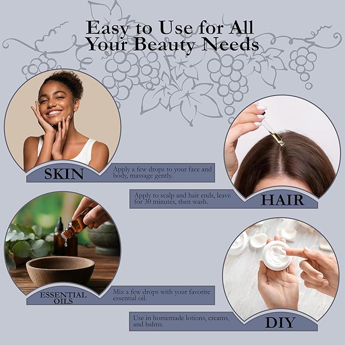 Grapeseed Oil 8 oz. Cold Pressed 100% Pure Natural Carrier For Skin, Body, Face, and Hair Growth Moisturizer. Great For Creams, Lotions, Lip balm and Soap Making.