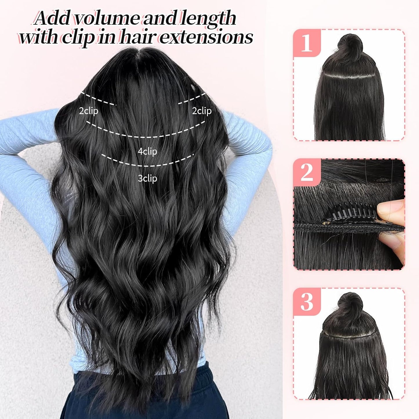 KooKaStyle Clip in Synthetic Hair Extensions Long Wavy 4PCS Thick Hairpieces Auburn Brown Fiber Double Weft Natural Hair Extensions 20 Inch for Women