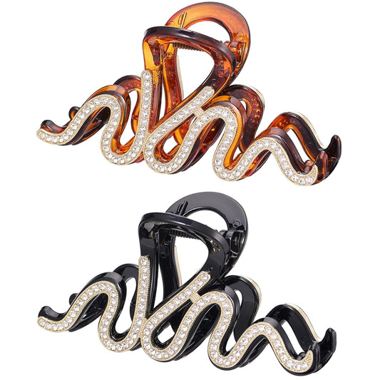 SINIDE Rhinestone Hair Clips, Crystal Plastic Claw Clips Nonslip Acrylic Jaw Clip for Thin Long Hair, Fashion Elegant Clamps Accessories for Women Strong Hold Barrette for Styling (2 Pack)