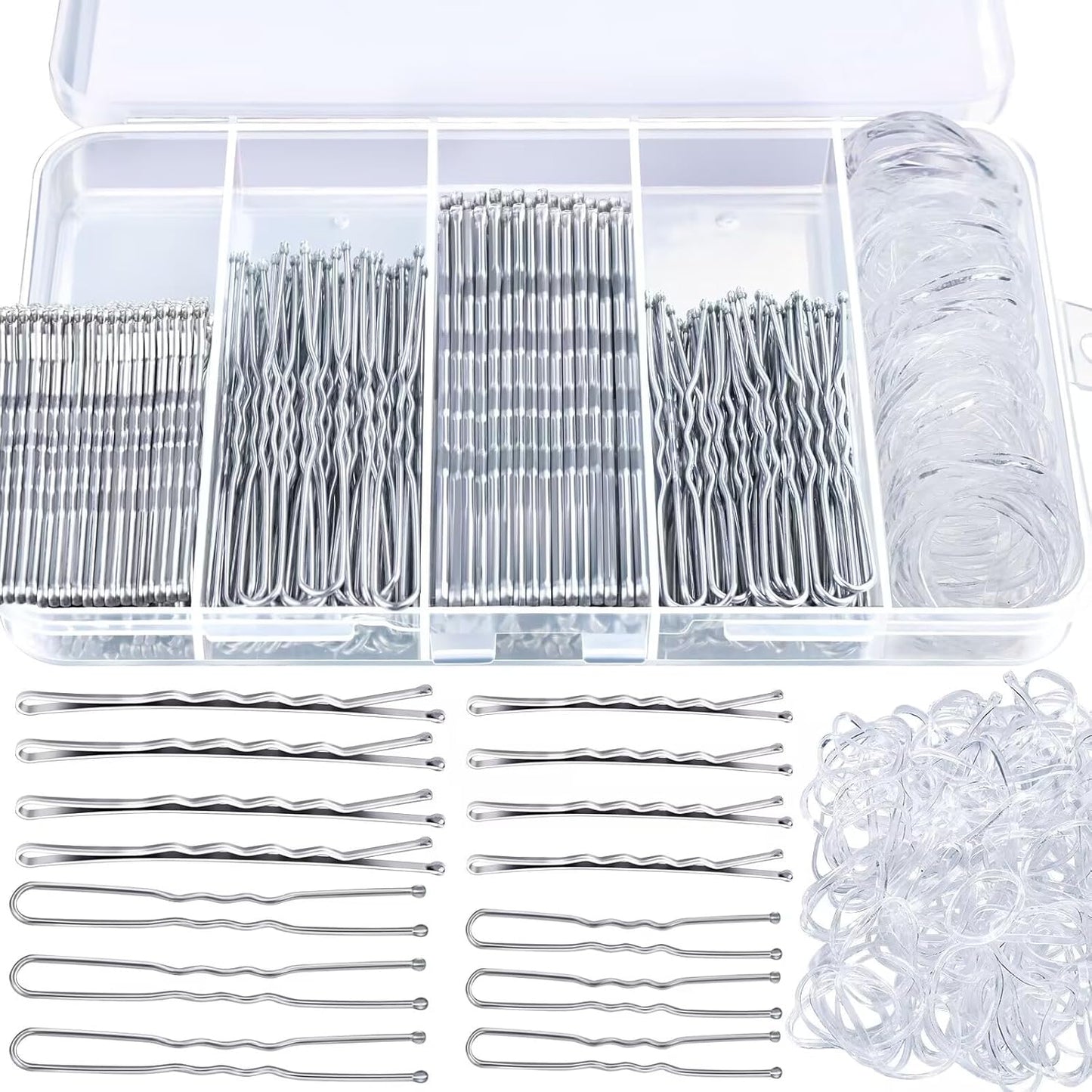 Teenitor 300pcs Silver Bobby Pins Hair Pins Kit, 100pcs Bobby Pins 100 Hair Pins for Women for Buns, 100pcs Hair Bands, 2" 2.36", Silver Bobb y Pins for Gray Hair 2" 2.75"
