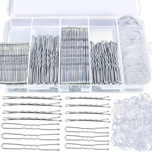 Teenitor 300pcs Silver Bobby Pins Hair Pins Kit, 100pcs Bobby Pins 100 Hair Pins for Women for Buns, 100pcs Hair Bands, 2" 2.36", Silver Bobb y Pins for Gray Hair 2" 2.75"
