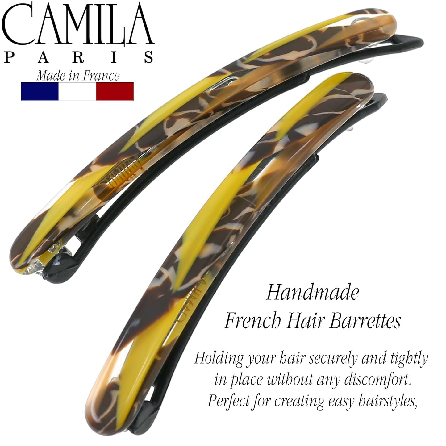 Camila Paris CP3374 French Hair Barrettes Clips for Women, Handmade, Girls Side Slide-in Barrette Clip, Hair Accessories for Women. Strong Hold No Slip Grip Fashion Durable Styling, Made in France