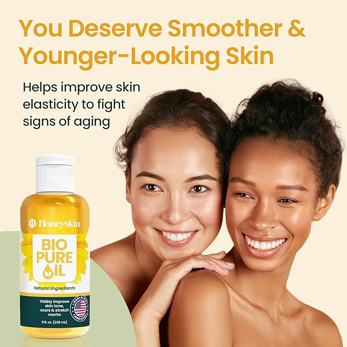 Bio Pure Skincare Oil for skin - Moisturizer for Dry Skin - Pregnancy Stretch Mark Prevention - Oil for Scars - Stretch Mark Treatment with Organic Sweet Almond Oil & Jojoba Oil for skin (8oz)