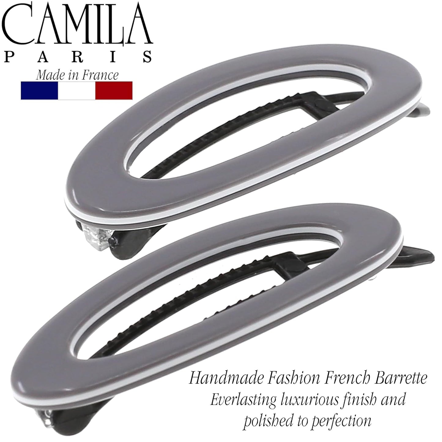 Camila Paris CP3368 French Hair Barrette Clip for Women, Handmade, Gray White, Side Slide-in Metal-Free Closure Strong Hold Grip Hair Clips for Girls, No Slip Durable Hair Accessories, Made in France