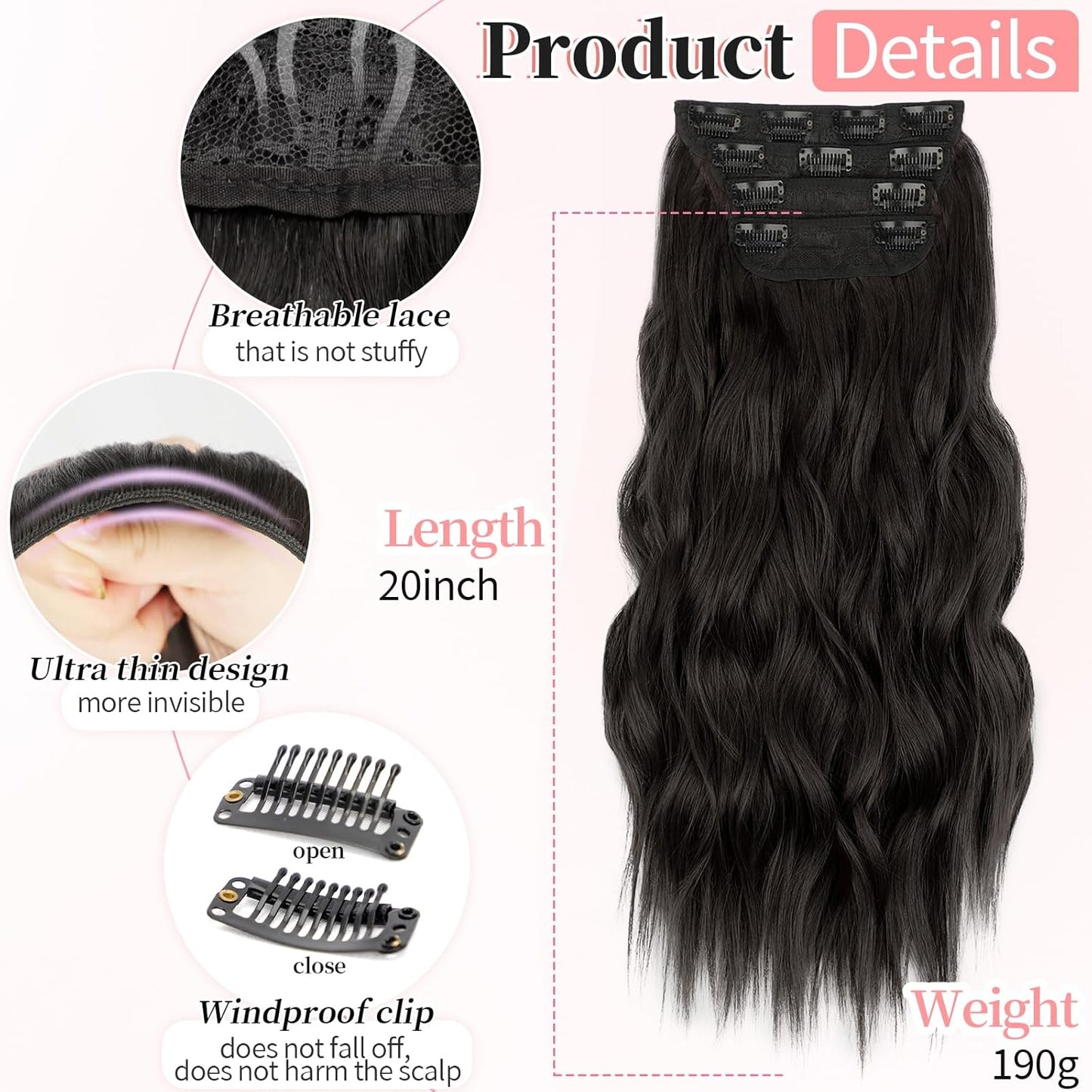 KooKaStyle Clip in Long Wavy Synthetic Hair Extension 20 Inch 4PCS Dark Brown Hairpieces Fiber Thick Double Weft Hair Extension for Women