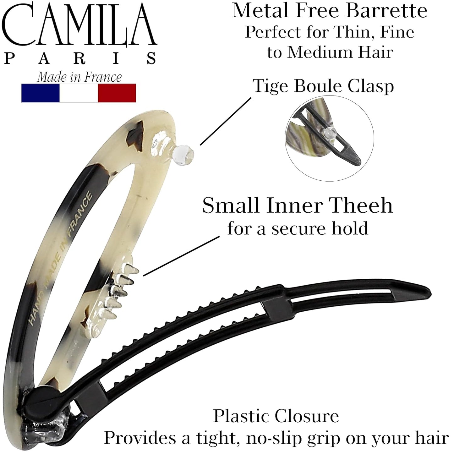 Camila Paris CP1992/2 French Hair Barrette Clip for Women, Handmade, Side Slide-in Metal-Free Closure, Strong Hold Grip Hair Clips for Girls, No Slip Durable Styling Hair Accessories, Made in France