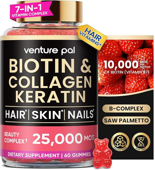 Venture Pal Biotin Gummies with Collagen & Keratin - Hair Growth Support Skin and Nail Strength Vitamins for Women & Men - Biotin 10000mcg | B-Complex | Saw Palmetto - Sugar Free, Non-GMO, 60ct