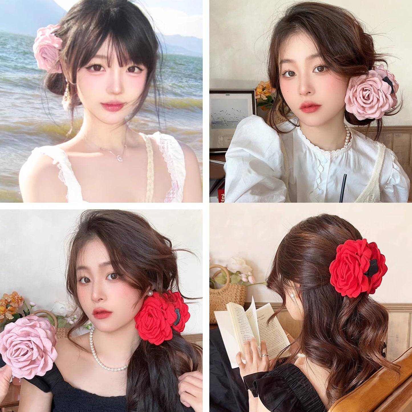 Rose Flower Clips for Women, 2 Pack Large Rose Hair Claw Clips, Floral Hair Clips for Women Girls Thick Hair, Non Slip Strong Hold, 2 Colors