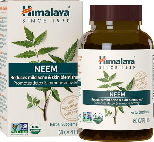 Himalaya Organic Neem Herbal Skin Supplement, Mild Acne Supplement, Clear Skin, Purifying, Ayurvedic, USDA Certified Organic, Non-GMO, Vegan, 600 mg, 60 Plant-Based Caplets, 60 Day Supply