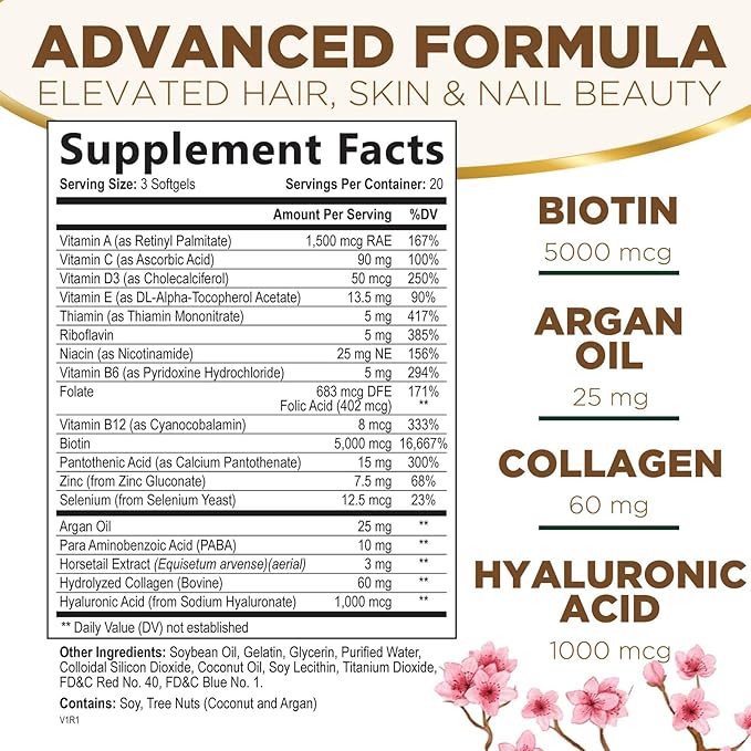 Hair Vitamins Women, Ultra Strength 5000mcg Biotin, Collagen, PABA & More - Womens Hair Growth, Skin, Nails & Keratin Support Supplement, Infused w/ Argan Oil & Hyaluronic Acid, Non-GMO - 60 Softgels