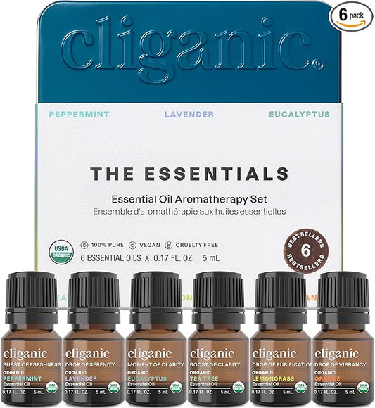 Cliganic Organic Aromatherapy Essential Oils Set (Top 6 - The Essentials), 100% Pure Natural - Peppermint, Lavender, Eucalyptus, Tea Tree, Lemongrass & Orange (Packaging May Vary)