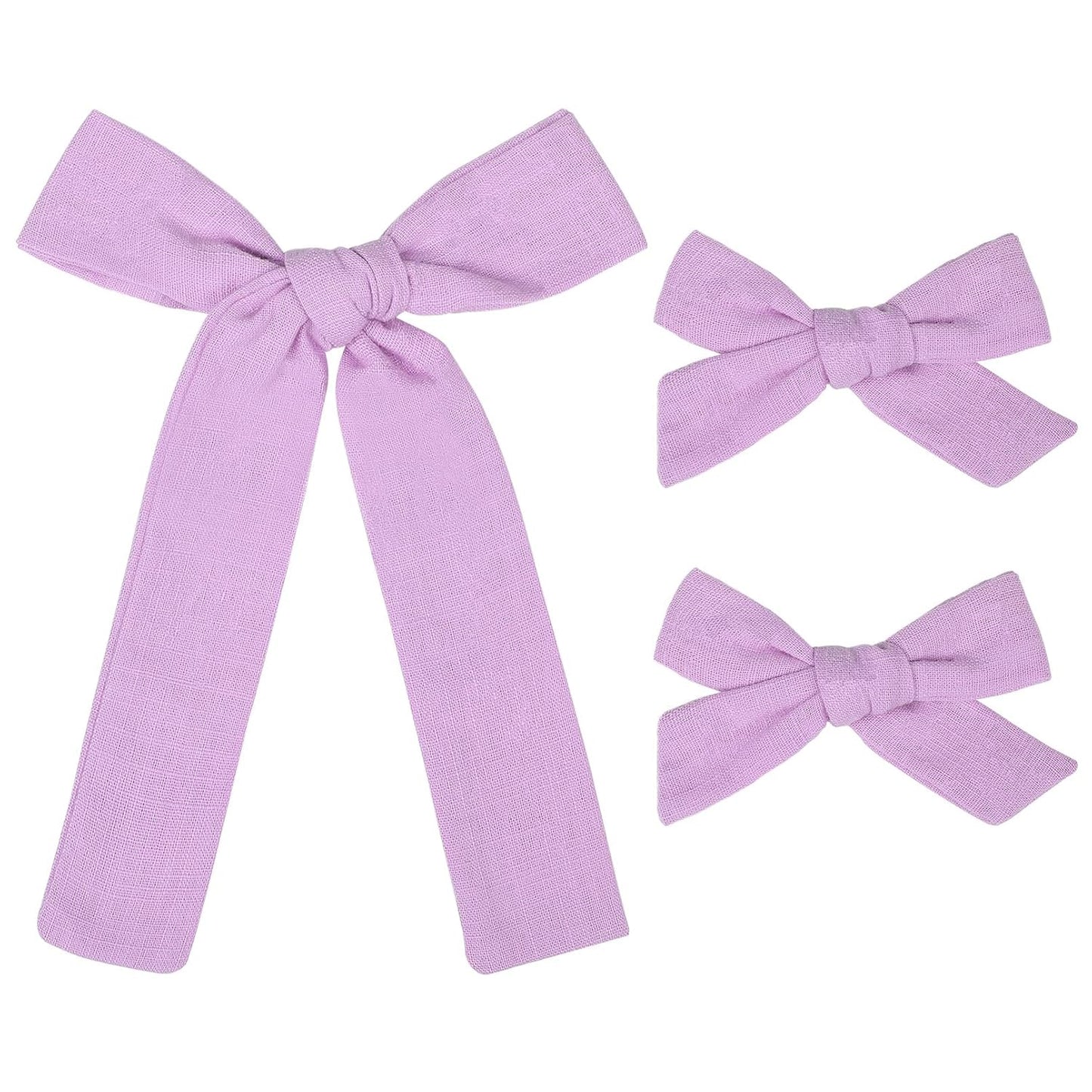 DEEKA Light Purple Cotton Linen Hair Bows 2 Sizes 5"&3.5" Soft Hair Bow set for Toddler Girls Long Ponytail Knot Bows Alligator Clip Hair Accessories for Little School Girls (Light Purple)
