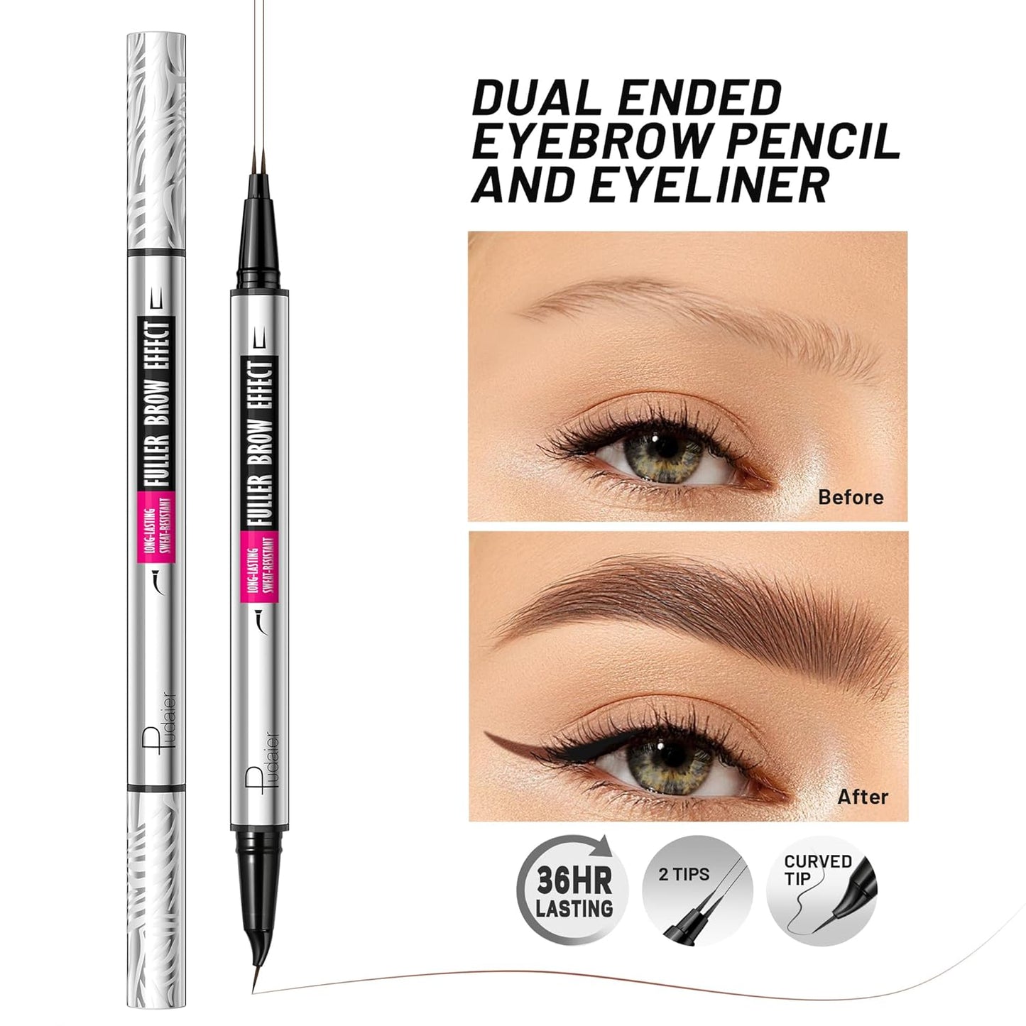 Pudaier 2 Pack 2 Fine Tip Eyebrow Pen, Waterproof Filling Faux Brow Makeup Pencils for Women with Precise Curved Brush-Tip to Fast Create Natural Hair-Like Brows, Last All-Day (Chocolate)
