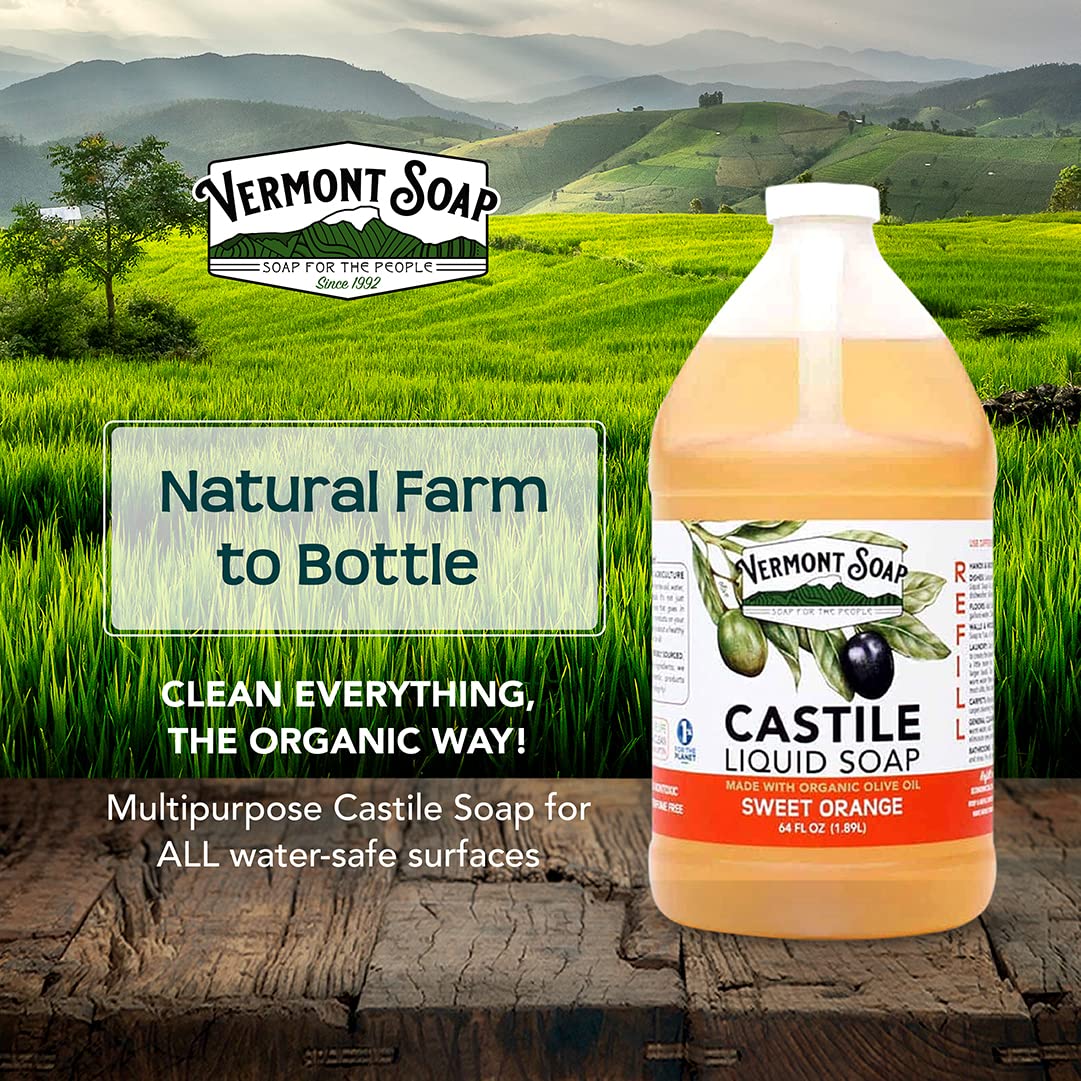 Vermont Pure Castile Soap Orange, Gentle Liquid Soap for Sensitive Skin & Natural Body Wash, Organic Hair Shampoo for Oily Hair, Aloe Castile Soap for Men & Women - 64 Oz