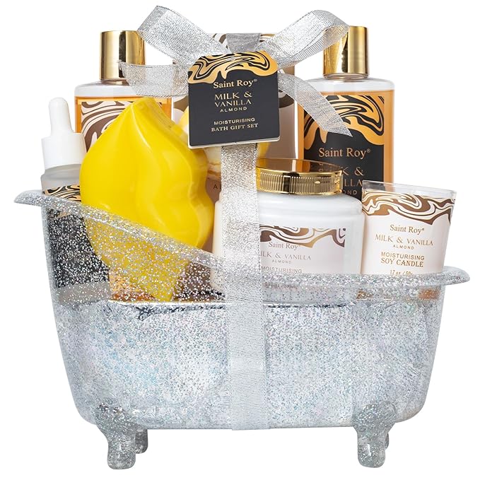 Mother's Day Gift Bath and Body Almond Milk Vanilla Spa Gifts for Women, Bath Gift Set with Shower Gel, Scent Lotion, Bath Bomb Spa Gift Basket, Bath and Body Care Set Birthday Holiday Home Spa Gifts