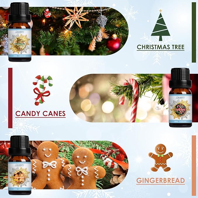 SALUBRITO Winter Fragrance Oils Set, Holiday Essential Oils for Diffuser, Candle, Soap Making - Christmas Tree, Cinnamon, Gingerbread, Candy Cane, Spiced Cider, Sugar Cookies Scented Oil