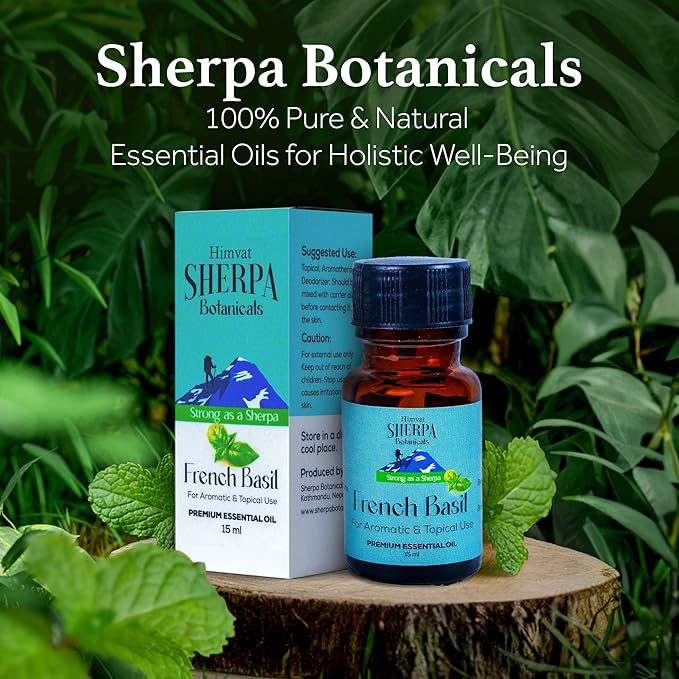 Sherpa Botanicals French Basil Essential Oil - 100% Pure & Natural Oils - Ideal for Diffuser Blends, Aromatherapy, Home Fragrance - Herbaceous Aroma for Home & Wellness - Vegan, Paraben-Free, 15mL