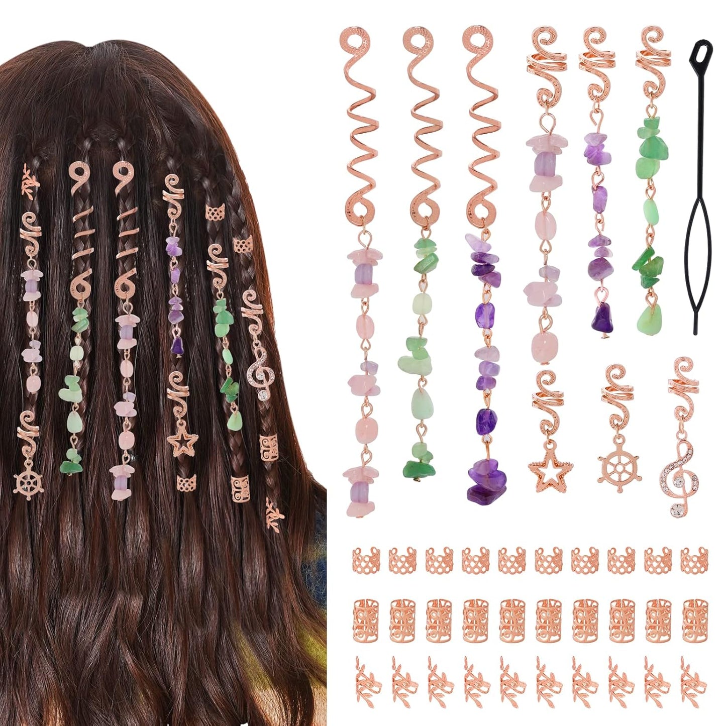 hoyuwak 40 Pcs Hair Jewelry for Braids Loc Dreadlock Accessories Hair Beads Clips Cuffs Charms Rings for Women Hairstyle Decoration Rave, Rose Gold