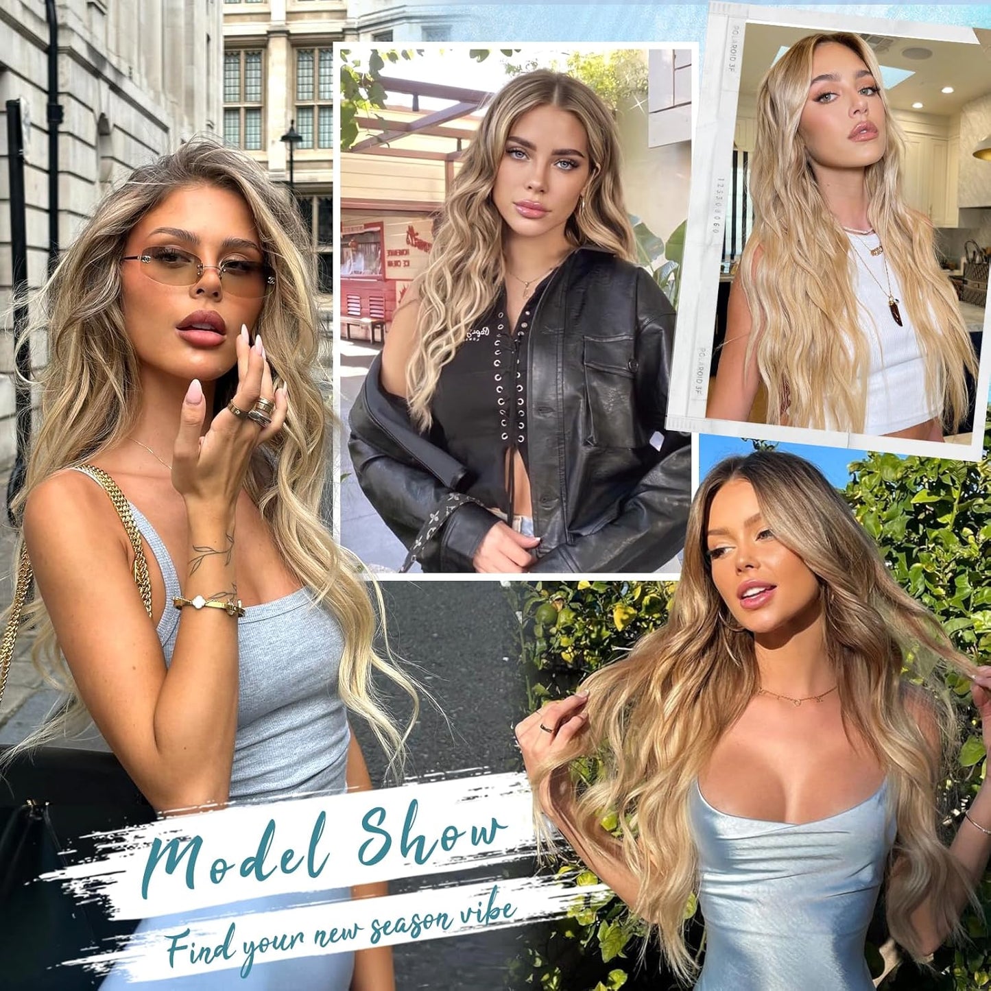 KooKaStyle Clip in Synthetic Hair Extensions Long Wavy 4PCS Thick Hairpieces Light Brown mix Golden Blonde Fiber Double Weft Natural Hair Extensions 16 Inch for Women