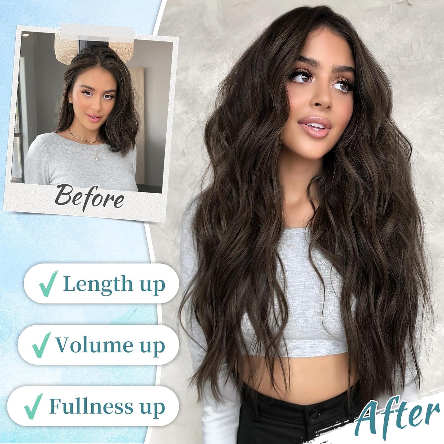 KooKaStyle Clip in Synthetic Hair Extensions Long Wavy 4PCS Thick Hairpieces Dark Chocolate Brown Fiber Double Weft Natural Hair Extensions 20 Inch for Women