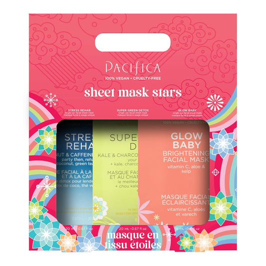 Pacifica 3-Pack Face Sheet Mask Variety Set – Brightening Vitamin C, Green Detox & Stress Rehab Hydrating Masks for Glowing Skin, Holiday Beauty Gift for Women Teens Girls, Vegan Clean Skincare