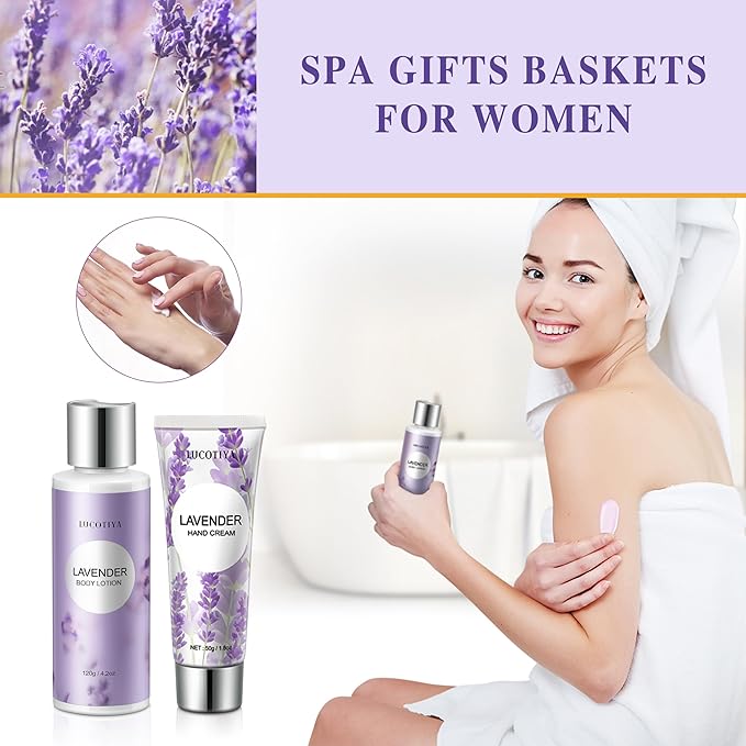 Gifts for Women Spa Lavender Bath Gifts Baskets for Women Mothers Day Gifts Birthday Gifts Relaxing Self Care Gift for Mom Her Auntie Sister Teacher Wine Tumbler Purple