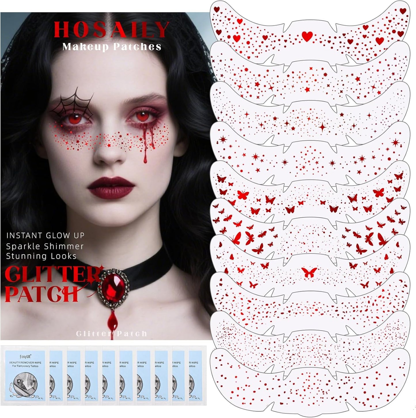 10 Styles Red Glitter Freckles Face Tattoo, Waterproof Sparkle Cute Star Butterfly Face Glitter Speckles Patches for Women, Metallic Temporary Tattoo Halloween Accessories Makeup for Rave