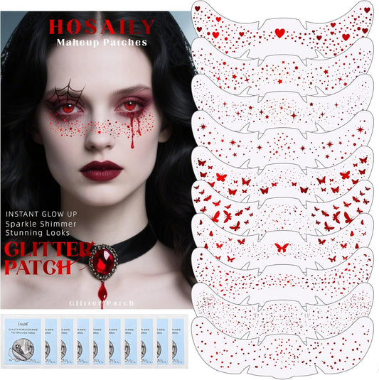 10 Styles Red Glitter Freckles Face Tattoo, Waterproof Sparkle Cute Star Butterfly Face Glitter Speckles Patches for Women, Metallic Temporary Tattoo Halloween Accessories Makeup for Rave