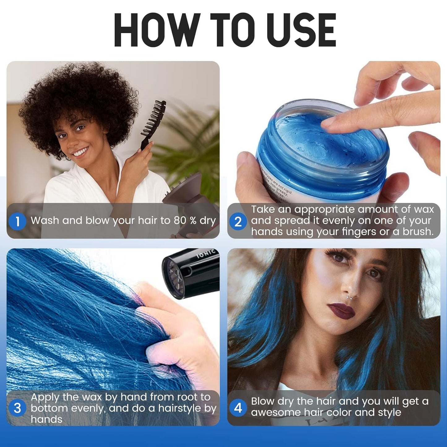 Blue Hair Color Wax Pomades 4.23 oz - Natural Hair Coloring Wax Material Disposable Hair Styling Clays Ash for Cosplay, Party (Blue)