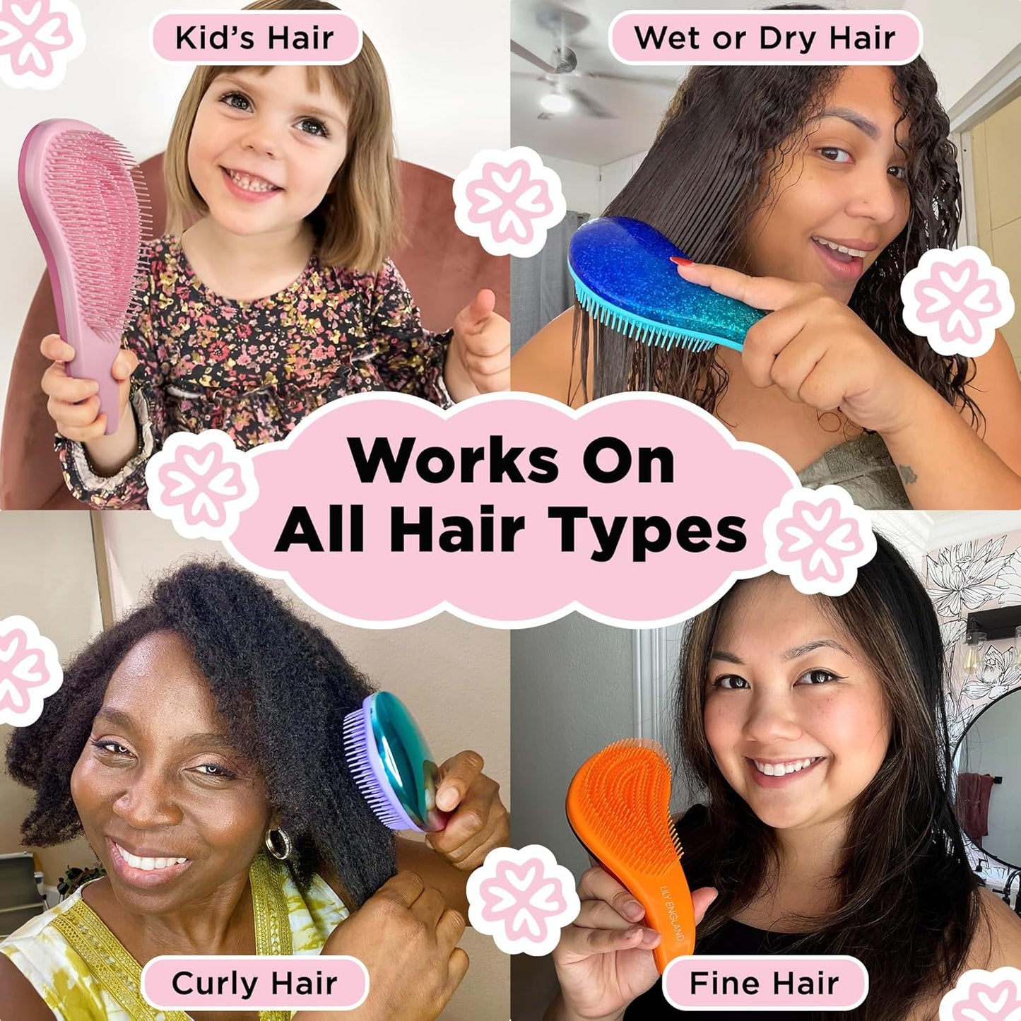 Lily England Detangler Brush for Curly, Thick, Straight & Natural Hair - Trendy Gift for Teens, Kids & Toddlers with Stickers - Hairbrush for Wet & Dry Hair, Pink