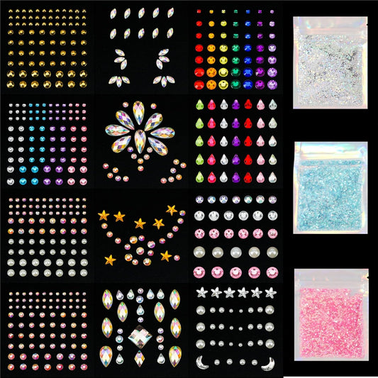 12 Sheets Face Jewels Rhinestones Crystal Stickers, 15g Chunky and Fine Mix Glitter, Eye Face Body Rave Outfits Clothes for Women, Mermaid Makeup Gems Rave Festival Accessories