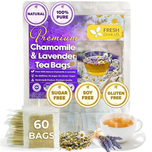FreshDrinkUS, Premium 60 Chamomile Lavender Tea Bags, 100% Natural Herbal Ingredients, Hand-made Blend of Chamomile Lavender Flowers, Eco-conscious Tea Bags. No Sugar, No Caffeine, No Gluten, Vegan.