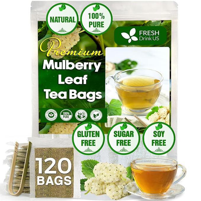FreshDrinkUS, Premium 120 Mulberry Leaf Tea Bags, 100% Natural & Pure from Mulberry Leaves. Loose Leaf Mulberry Herbal Tea. Made with Natural Material Tea Bags. No Sugar, No Caffeine, No Gluten, Vegan.