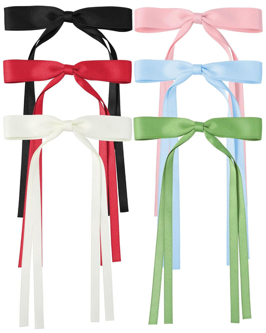 AWAYTR 6Pcs Women's Hair Accessory Hair Clips Tassel Ribbon Bowknot With Long Tail Solid Hair Ribbon (Black/Blue/Beige/Pink/Green/Red)