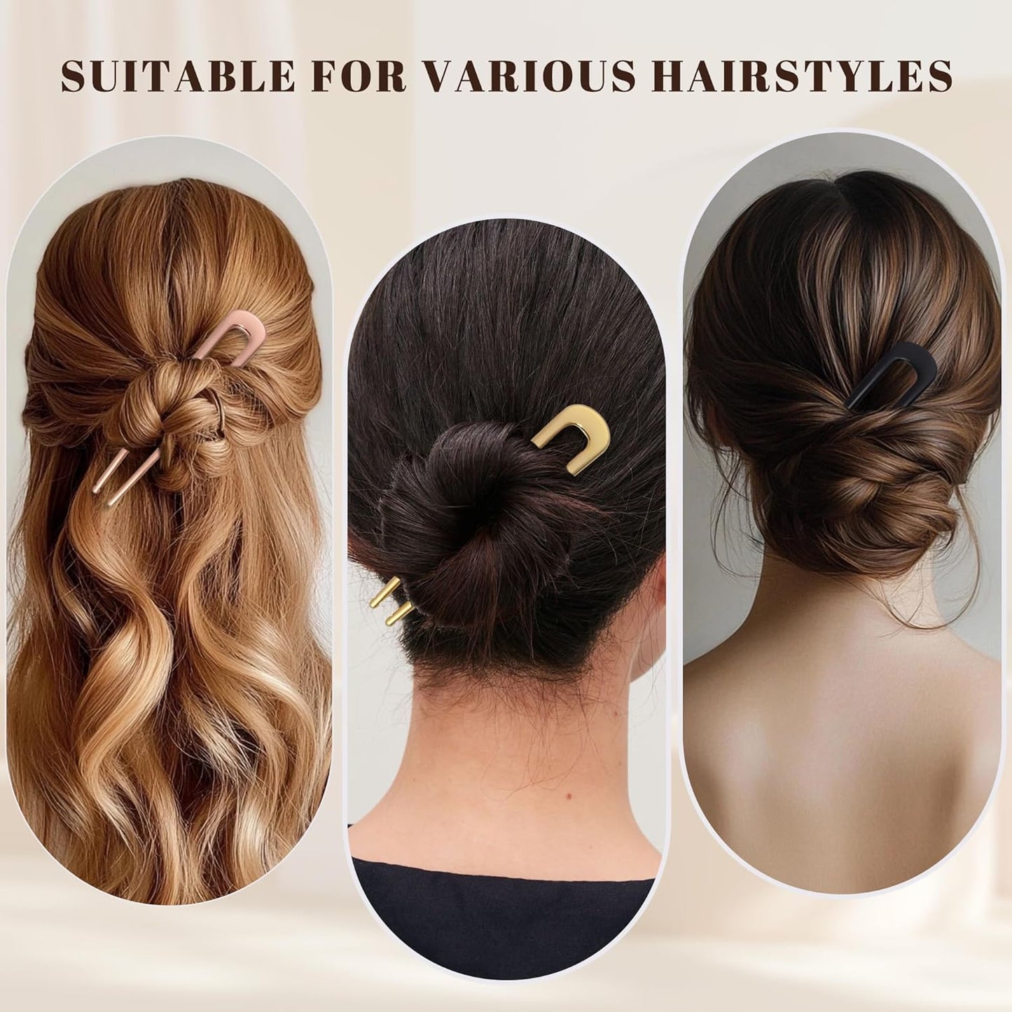 6Pcs Metal French Hair Pins for Women U Shape Sticks 3.9 Inch Vintage Fork for Hairstyle Accessories(Black/Gold/Rosegold)