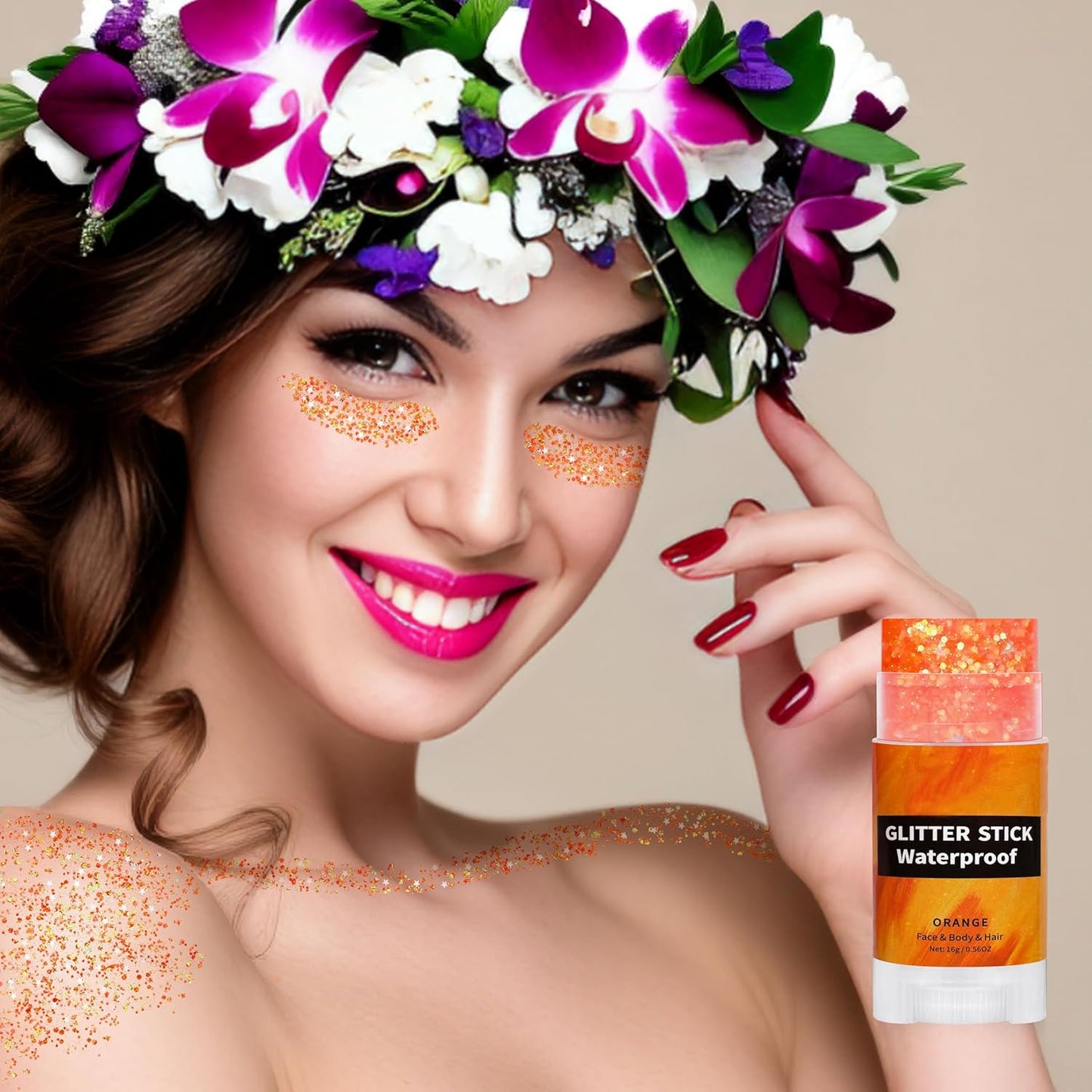 Orange Face Glitter Stick,Halloween Body Hair Glitter for Kids,Waterproof Singer Concert Outfits for Women,Mardi Gras Accessories Chunky Glitter Makeup Sequins Body Paint