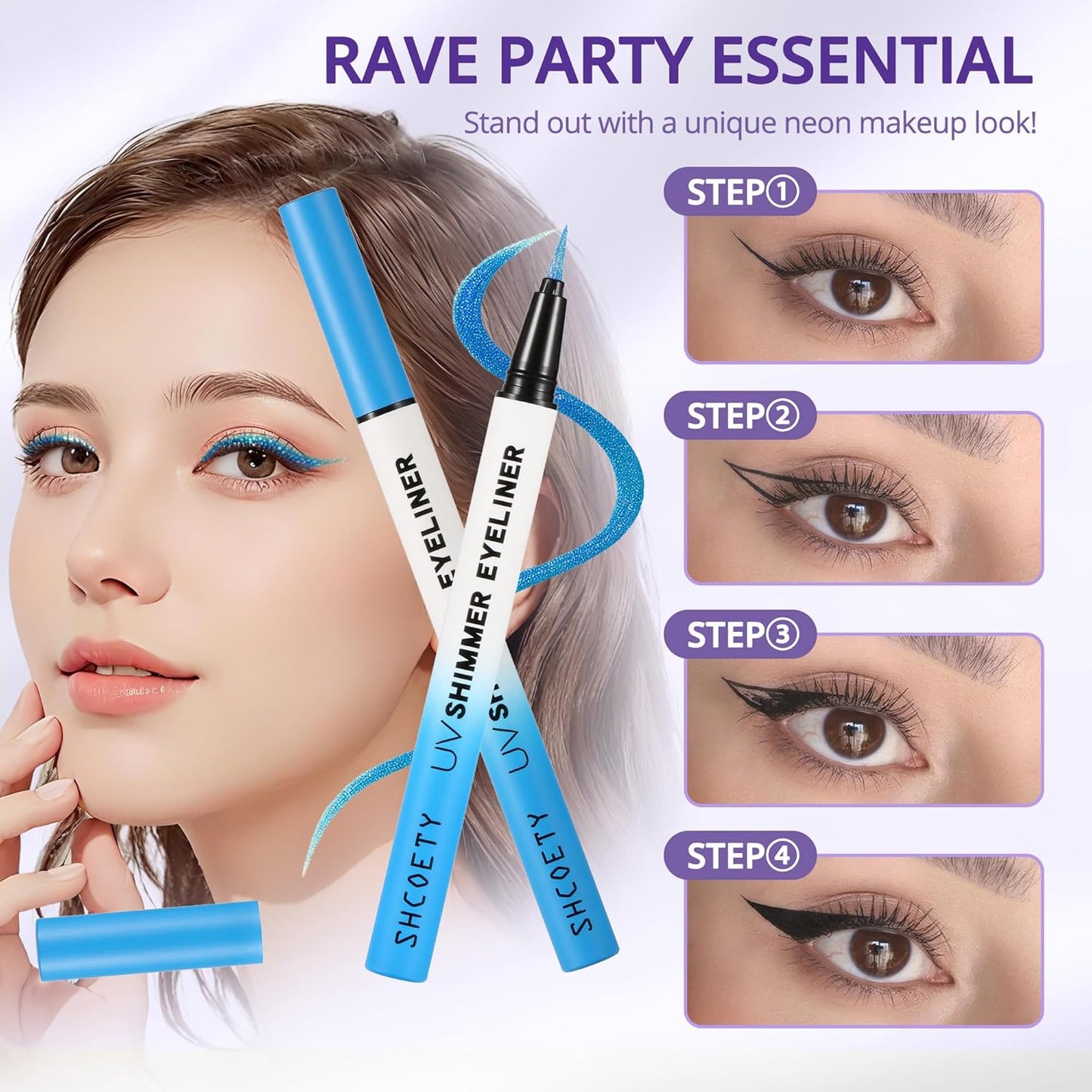 Metallic Neon Liquid Eyeliner, Glitter Neon Colored Eyeliners Pen, High Pigmented, Waterproof Smudge-Proof and Long-Lasting Metallic Eye Makeup for Halloween Christmas,Shimmer Blue