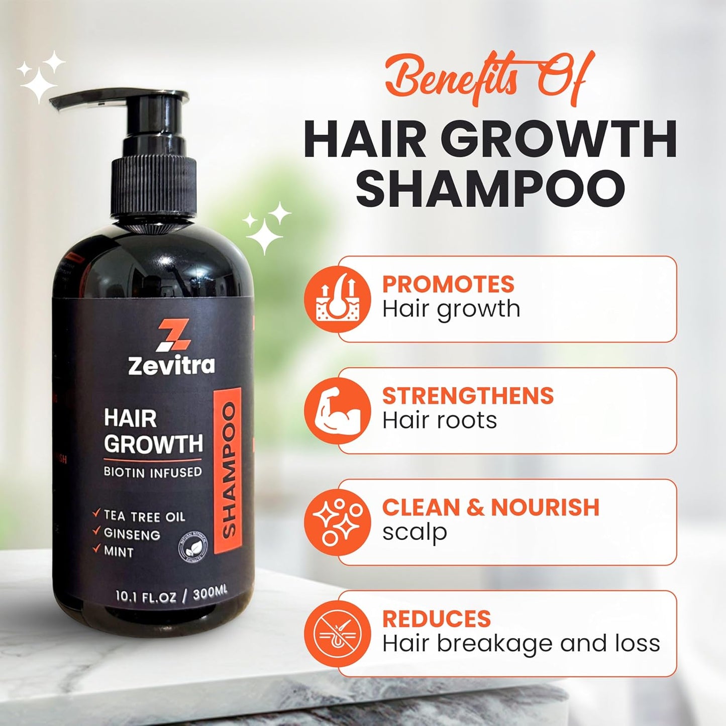 Hair Growth Shampoo - Biotin Infused Natural Botanical Formula with Tea Tree Oil, Ginseng & Mint for Stronger Hair and Healthy Scalp - 10.1 FL.OZ / 300ML
