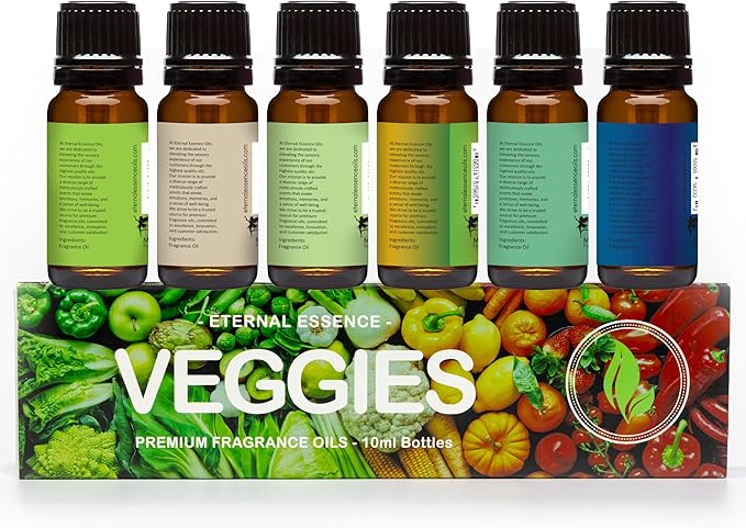 Eternal Essence Veggies Set of 6 Premium Fragrance Oils - Includes Cucumber, Avocado & Mint, Rosemary, Ginger Thai Basil, Basil Nectarine, and Adriatic Fig Scented Oils - 10ML