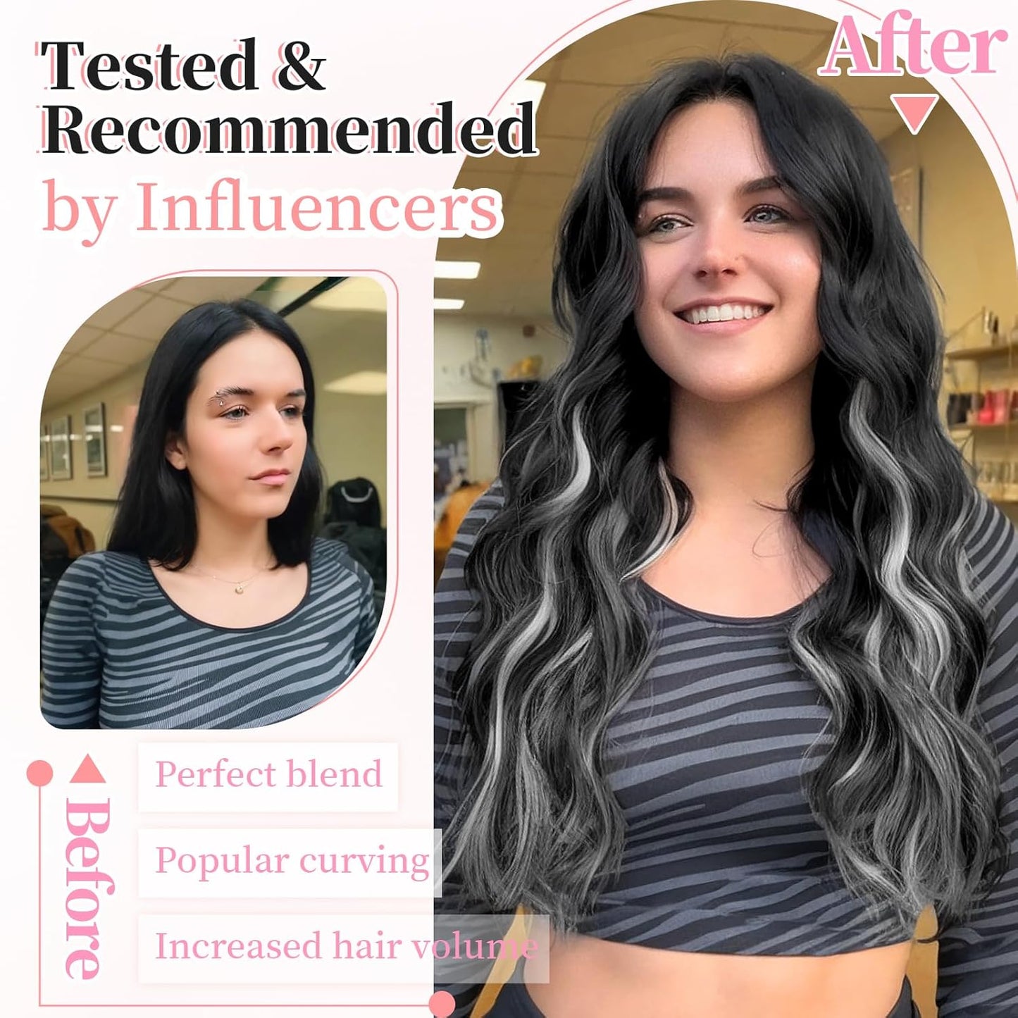 KooKaStyle Clip in Hair Extensions Long Wavy 4PCS Thick Hairpieces Synthetic Highlight Hair Extensions Black and White Mix Fiber Double Weft Natural 20Inch for Women