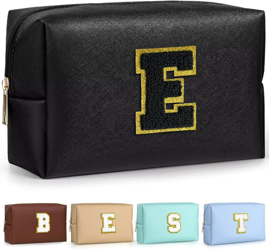 TOPEAST Monogrammed Gift for Women Girls, Personalized Initial Makeup Bags Cosmetic Bag with Zipper, Cute Makeup Pouch, PU Leather Waterproof Toiletry Bag, Preppy Gifts Stuff for Girl (Black E)