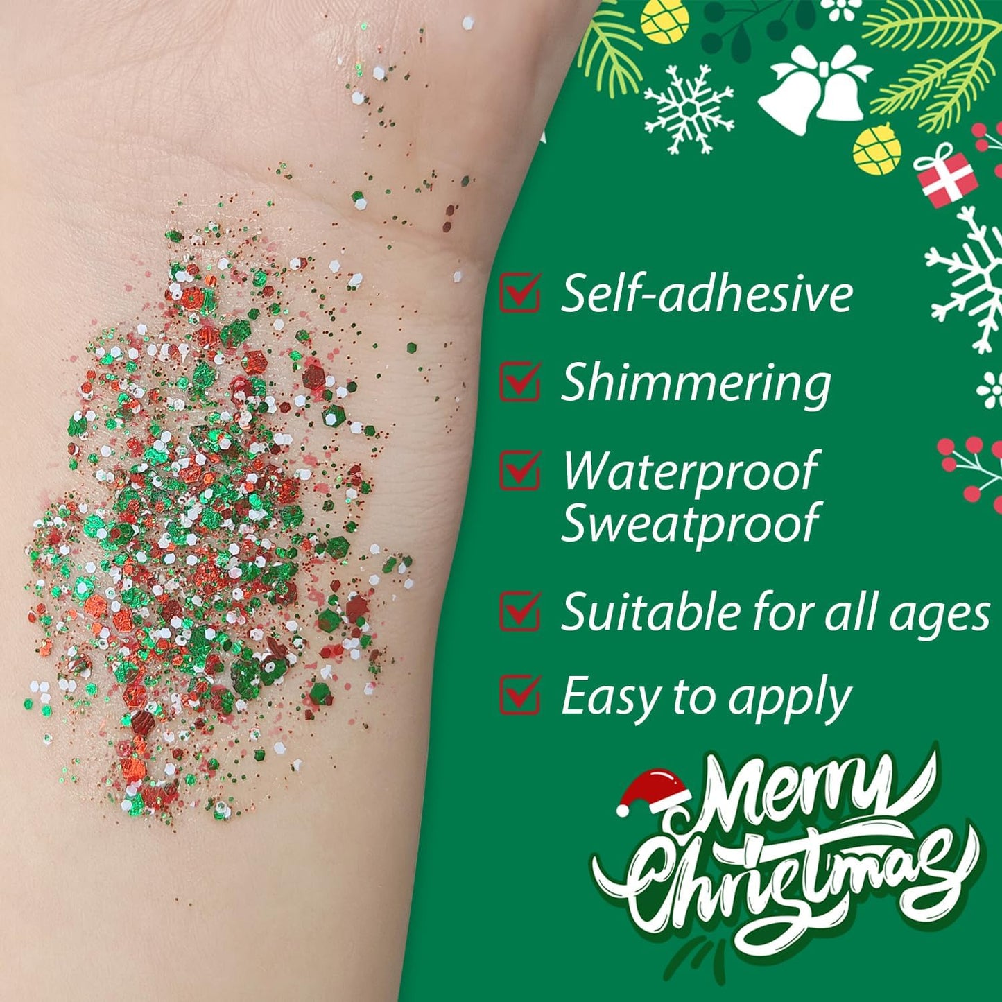 Christmas Body Glitter Stick, Waterproof Halloween Face Glitter Gel, Chunky Glitter Face Paint, Orange Purple Black Sequin Hair Glitter Makeup for Women and Kid (Green Red White)
