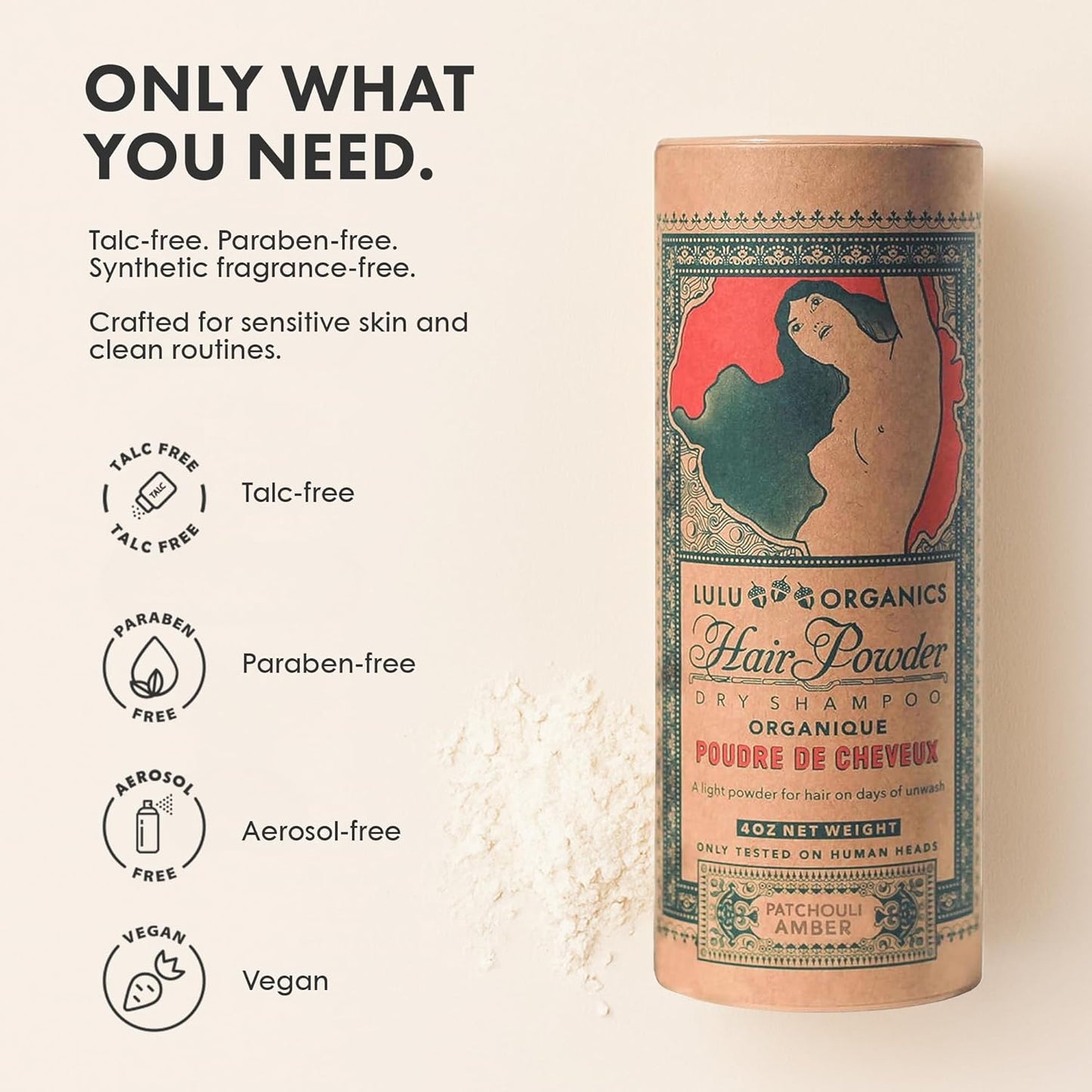 Non-aerosol Dry Shampoo Powder for Dark, Blonde and Oily Hair, All Natural Body Powder for Women and Men, Paraben & Talc free No White Cast Synthetic Fragrance, Patchouli and Amber - 4oz
